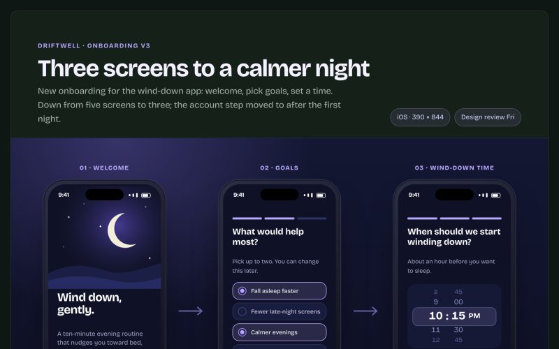 Preview of Driftwell — onboarding flow, three screens