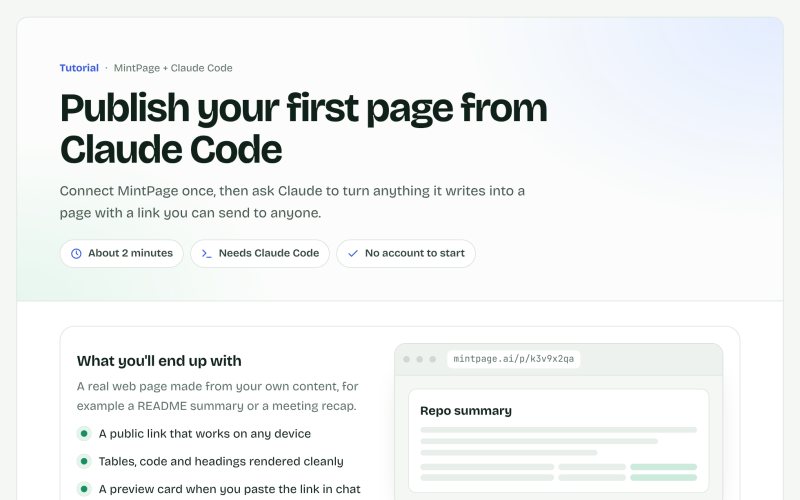 Preview of Tutorial — publish your first page from Claude Code